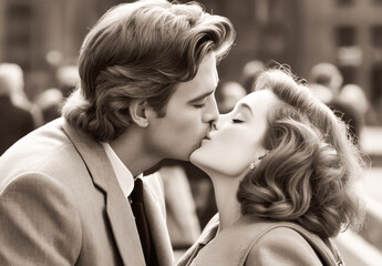 Love Emotions black and white young couple kissing