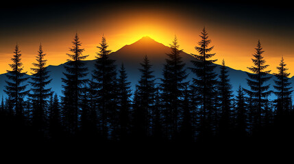 Majestic Mountain Peak Silhouette Above Forest at Vibrant Sunset or Sunrise