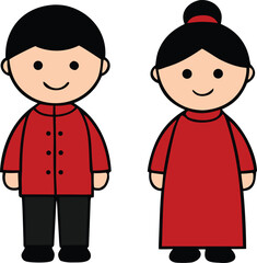 Charming cartoon couple in traditional red chinese attire standing side by side