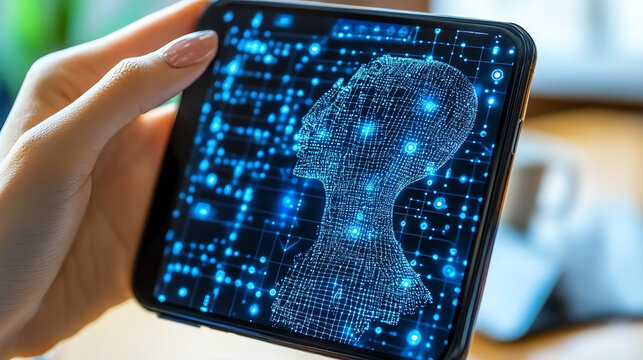 Artificial Intelligence Human Face Displayed on Smartphone in Hand