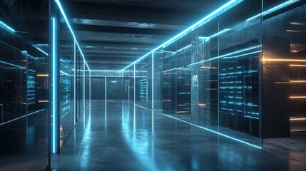 Modern Data Center with Neon Lights and Futuristic Technology
