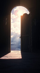 open iron door revealing a bright sky with clouds