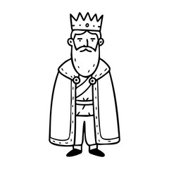 Cartoon king character with crown and cape. Vector hand-drawn doodle illustration