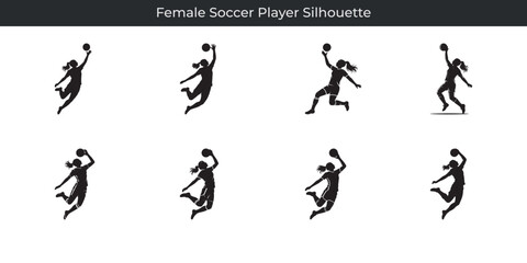 Dynamic action silhouette of female soccer player reaching for the ball to score