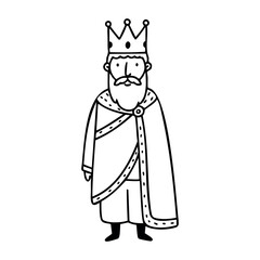 Cartoon drawing of a male royal figure with crown and cape. Vector hand-drawn doodle illustration