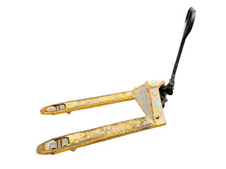 Industrial hand pallet jack showing rust and wear, photographed isolated for warehouse, tool catalog, repair, or maintenance-related visuals. Isolated on white background, transparent PNG