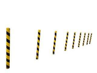 Row of striped yellow-black safety bollards aligned in perspective for traffic control or safety visuals. Isolated on white background, transparent PNG