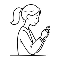 Young caucasian female using smartphone illustration with ponytail and casual outfit. Vector hand-drawn doodle illustration