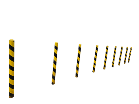 Row of striped yellow-black safety bollards aligned in perspective for traffic control or safety visuals. Isolated on white background, transparent PNG