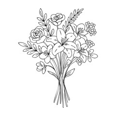 Intricate floral line art: bouquet of lilies and roses. Vector hand-drawn doodle illustration