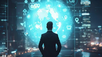 Back view of a businessman in a suit looking at a glowing globe with digital icons in the background. City lights with night sky. - Powered by Adobe