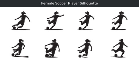 Obraz premium Multiple silhouette illustrations of a female soccer player in various action poses