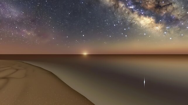 Starry beach reflection under Milky Way cosmos, serene ocean horizon scenery