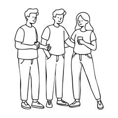 Young adults socializing: caucasian male and female friends enjoying drinks and conversation. Vector hand-drawn doodle illustration