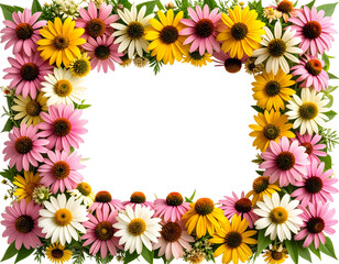Botanical Frame Made with Coneflowers, isolated on a transparent background.