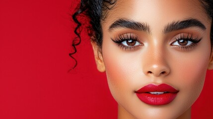 a woman with red lips and makeup