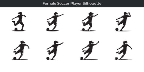 Dynamic female soccer player silhouettes depicting action kicking and athletic prowess on white backgrounds
