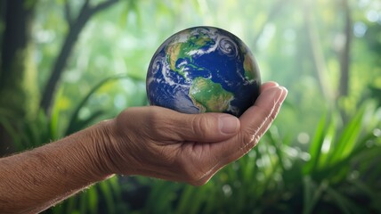 A hand holding a globe with the word EAR on it. Concept of the importance of the Earth and the need to take care of it