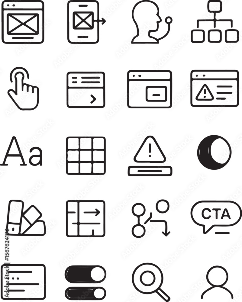Fototapete A collection of simple black outline icons representing web design elements user interface components and digital marketing concepts