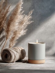 A grey candle sits on a cork base next to a spool of thread