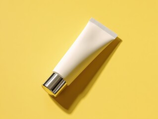 A tube of white cream is sitting on a yellow surface