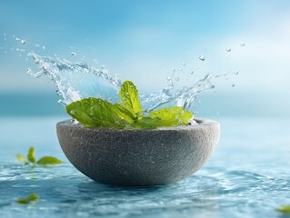 A bowl of water with a leaf floating on top