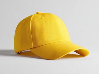 A yellow baseball cap with a white band sits on a white background