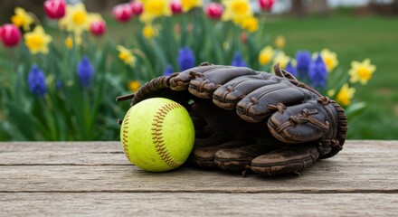Softball glove and ball rest on weathered wooden bench. Spring flowers in the background