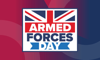 Naklejka premium Armed Forces Day in United Kingdom. Great Britain flag. Veterans' and Memorial Day. Holiday to honoring the armed forces. British flag. Army Day. Creative art poster. Vector illustration