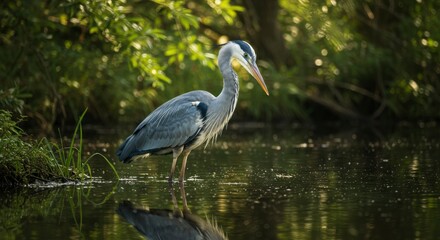 Naklejka premium Grey heron wading in calm water, surrounded by greenery