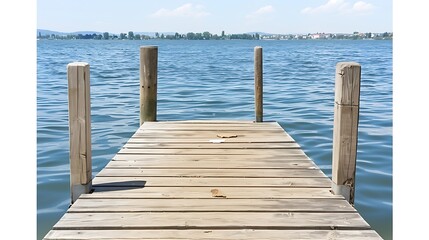 Fototapeta premium Tranquil wooden pier stretching into the vast blue expanse of the serene lake under a clear sky