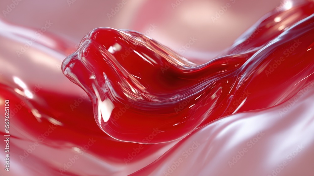 Poster Abstract close-up of glossy red liquid flowing smoothly with silky texture and shiny reflective surface creating dynamic movement and vibrant color