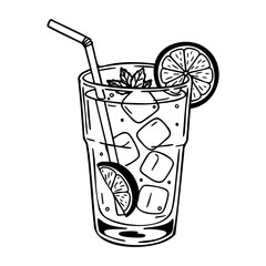 Refreshing lemonade with ice and mint in a glass. Vector hand-drawn doodle illustration