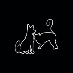 Minimalist dog and cat outline on black background, pet companionship illustration, animal lovers decor, modern veterinary logo design, simple pet silhouette art for branding, apparel, prints