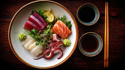 High-angle view of a sashimi platter with various fish.  Small bowls of soy sauce and chopsticks are beside it on a dark wooden surface