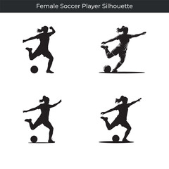 Dynamic female soccer player silhouettes in action kicking and controlling the soccer ball