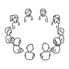 Naklejka premium Diverse group of children sitting in a circle engaged in discussion. Vector hand-drawn doodle illustration