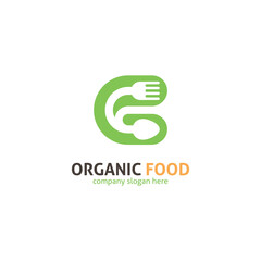 C Letter Food Logo. Green Spoon and Fork Monogram for Organic Restaurant.