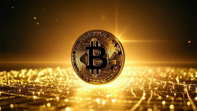 Golden Bitcoin Standing on Sparkling Surface with Bright Light &ndash; Digital Currency Concept