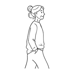 Fototapeta premium Female caucasian mature walking in casual attire line art illustration. Vector hand-drawn doodle illustration