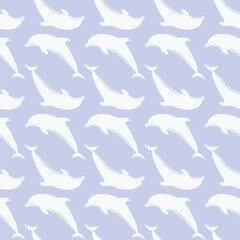 Seamless pattern with white outline dolphins leaping on blue background. Elegant and minimalist marine-themed design for various projects. Blue vector dolphins wallpaper.