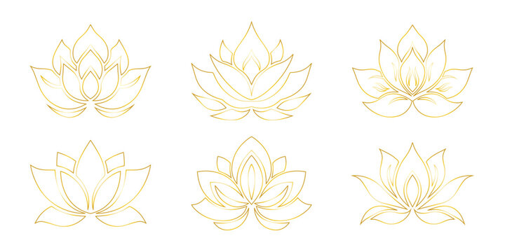 Set of lotus gold indian icons. Icon, sign or symbol - for yoga and meditation, for spa salon. Golden lotus line art silhouette. Diwali Hindu festival. Lotus gold flower logo on white background.