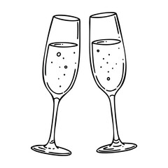 Two champagne glasses clinking in celebration. Vector hand-drawn doodle illustration