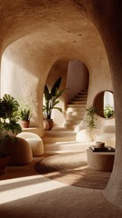 Beige, curvaceous, sunlit interior space with arches, plants, and seating