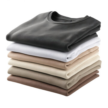 Folded stack of casual t shirts in neutral colors including black, white, beige, and brown, neatly arranged on transparent background, showcasing soft fabric texture and simple design