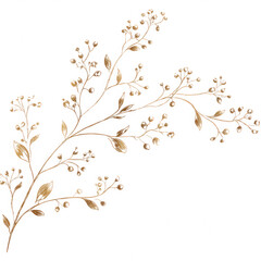 Obraz premium Golden floral branch with small round berries and leaves, elegant botanical illustration with delicate details and vintage style, perfect for decorative design