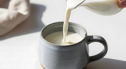 Milk being poured from a small pitcher into a gray ceramic mug, creating a creamy, white stream.