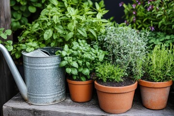 Collection of herbs in pots with rustic tools