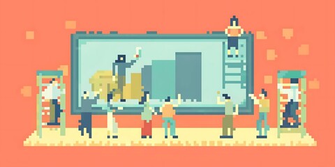Naklejka premium A team collaborates on a data presentation during a business meeting, illustrated in pixel art.