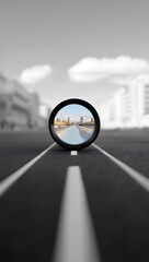 Cityscape reflection in lens on road with skyline and clouds black and white photo